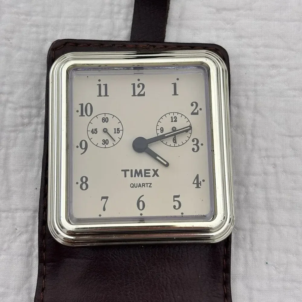 Vintage TIMEX Quartz Travel Alarm Clock, Brown Faux Leather Case